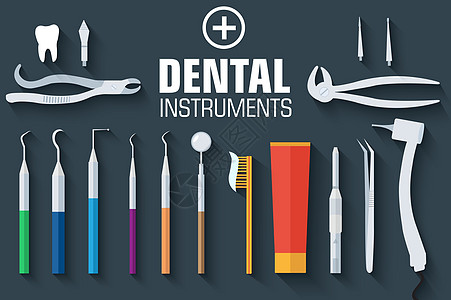 平面牙科器械设置设计概念背景 它制作图案矢量保健医院镊子治疗病人外科卫生金属骨骼蓝色图片