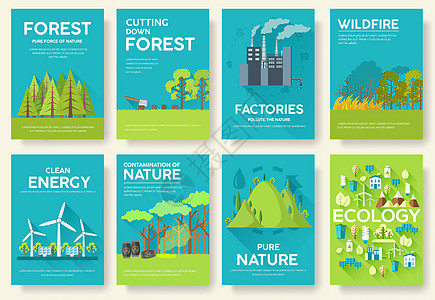 生态信息卡集 封面横幅的生态模板 生态信息图表概念背景 布局插图现代页面与排版 tex辐射工厂生物灯泡化学品资源环境丘陵叶子太阳图片