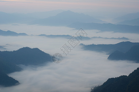 清晨山雾 在寒冷的天气里土地天空蓝色地标树木旅行旅游国家环境爬坡图片