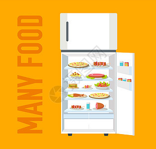 装满许多食物背景概念的平面冰箱 矢量插图设计图片