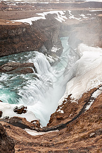 冰岛的Gullfos瀑布风景峡谷岩石力量绿色旅行日光全景旅游泡沫图片