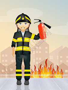 消防员英雄危险卡通片头盔男人梯子职业帮助管子氧气瓶背景图片