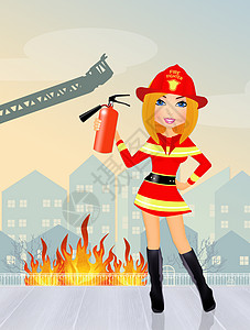 女消防员火焰插图职业女士英雄氧气瓶女孩头盔管子帮助图片