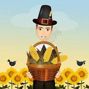 感恩节朝圣者向日葵男人农民草地鸟类插图快乐小麦玉米麦穗图片