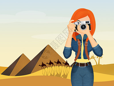 拍摄埃及的金字塔纪念碑插图闲暇旅行骆驼沙漠摄影女士女孩文化背景图片