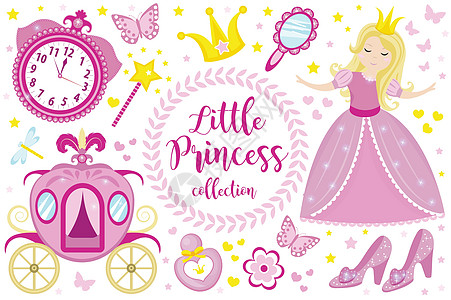 小公主可爱的粉红色套装对象图标卡通风格 穿着漂亮裙子的漂亮女孩带着皇冠马车镜子香水系列 孤立在白色背景上 矢量图图片