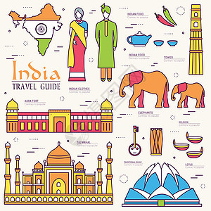 国家印度旅游度假指南的好去处和特色 一套建筑时尚人物项目自然背景概念 图表传统民族线图标图片
