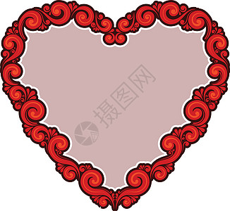 为情人节设计红色心脏形状的古老设计卡片恋情装饰品漩涡滚动插图花丝框架证书婚礼图片