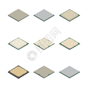 3D 矢量图中不同处理器的集合母板活力力量维修硬件微电路技术插图科学半导体图片
