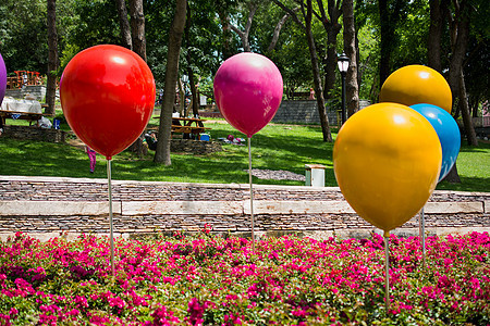 公园中的彩色和花朵生日幸福乐趣派对喜悦气球庆典图片
