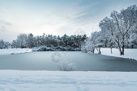 格伦林登村一带树木和大雪的池塘图像图片