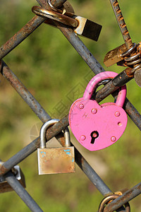 墙上有许多色彩多彩的爱情挂锁忠诚友谊誓言安全钥匙文化红色金属栅栏图片