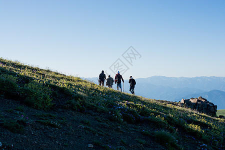 参加远足的朋友们旅游晴天踪迹男人团体旅行远足者冒险山脉背包图片