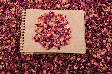 螺旋笔记本上的干玫瑰花瓣味道叶子商业字帖宏观植物床单温泉芳香教育图片