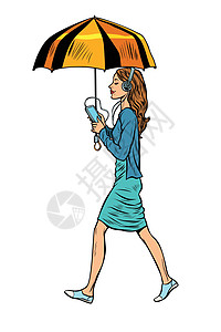 智能手机和雨伞的女人图片