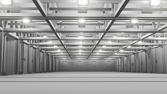 有明亮的灯的空的商业仓库框架大厅3d地面运输工业房间贮存空间工厂图片