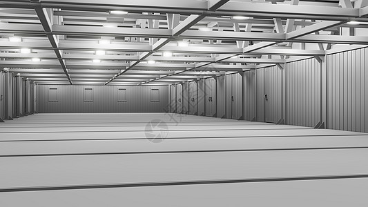 有明亮的灯的空的商业仓库柱子大厅机库店铺工业建筑学贮存空间运输3d图片
