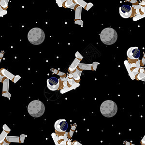 可爱有趣的宇航员宇航员太空人角色与月球一起探索外太空 的无缝卡通图案 扁线设计图片