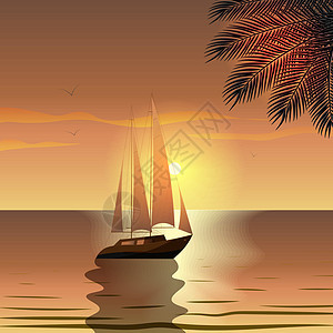 夏天 黄昏时在热带岛屿附近的海面上乘帆游艇图片