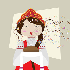 传统西装有面包和盐食的俄罗斯女孩 斯拉夫女孩欢迎图片