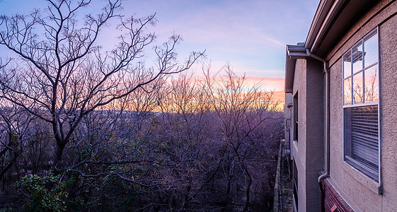 冬季日出时带光树的森林附近公寓楼群全天空空中观察房子住宅社区戏剧性风景财产反射建筑阳台邻里图片