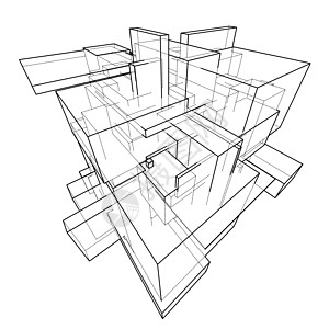 线框框 素描样式商业网络建造白色插图3d造型盒子渲染艺术图片