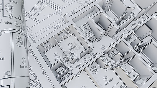 在施工图上建造房屋的墙壁框架建筑师办公室计算机建筑学商业设计测量绘画蓝图图片