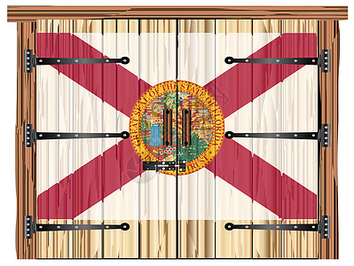 以佛罗里达旗为首的封闭式农场家门绘画插图木头艺术螺栓主食框架艺术品铰链谷仓图片