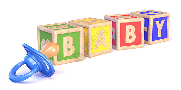 Word BABY 积木玩具和婴儿奶嘴 3孩子乐趣木块幼儿园童年木头字母立方体闲暇渲染图片