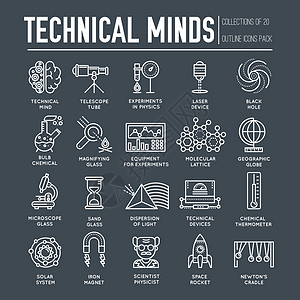 收集薄线图标组的技术心智 矢量平板轮廓物理和数学设备及车间项目概念设计电动平板大纲几何学仪器学习高科技灯泡学生齿轮教育球状体太空图片