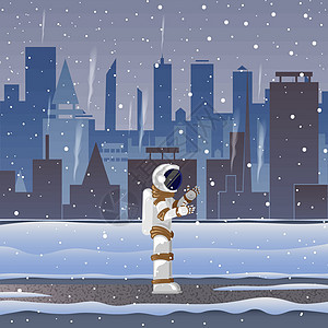 宇航员在大都市的雪中街上图片