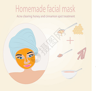 使用蜂蜜和肉桂面罩治疗脸皮的女孩的病媒;图片