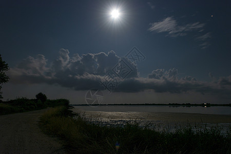 夜幕 在希腊科孚湖上满月月光旅行黑暗风景戏剧性蓝色天空地平线月球反射图片