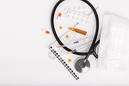 白色医疗物品药片安瓿磁带临床疾病心脏病学医院疼痛糖尿病高架图片