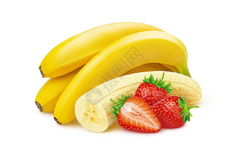 香蕉和草莓在白色背景与剪切路径隔离的香蕉和草莓叶子水果宏观情调异国冰沙浆果包装热带食物图片