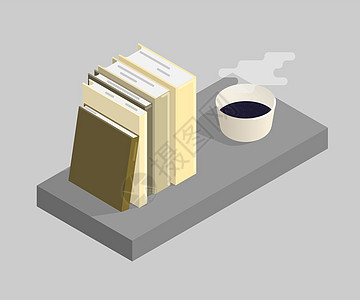 书籍和一杯咖啡的矢量插图 等距图家庭房子白色背景图片