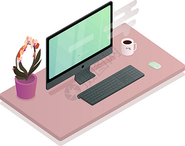 桌面插图 平面插图 等距工作区概念办公室屏幕展示电脑键盘监视器技术图片