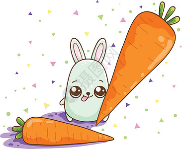 Kawaii 插图 一只有两只胡萝卜的可爱兔子图片