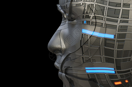 具有发光部分的深色未来派机器人面具脖子身体反思智力男人机器胸部成人技术背景图片