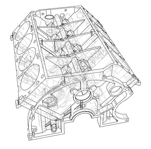 发动机缸体草图  3 的矢量渲染插图车辆燃烧汽油维修汽车机器打印项目机械图片