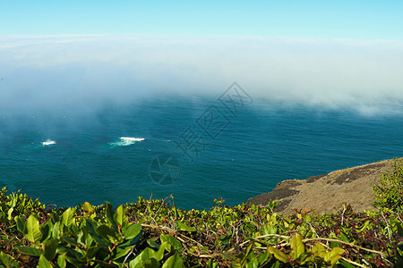 从顶端到太平洋海滩的景象 在一个雾中清晨图片