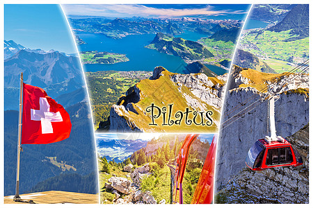 皮拉图斯山峰和卢塞恩湖湖明信片拼贴画图片