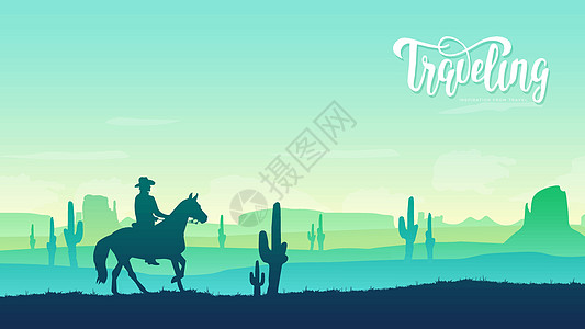 在德克萨斯沙漠背景的骑马者 狂野西部文化设计 日落时美国荒地 (美式黄昏时)图片