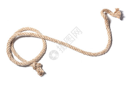 在白色背景上隔开结结结的绳索电缆船运细绳力量绑扎棕色航海海军安全水手图片