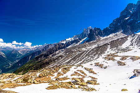 法国阿尔卑斯 上萨瓦伊 勃朗山远足阳光蓝天天空登山者登山滑雪旅游旅行全景图片