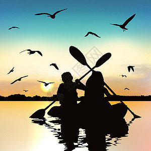 滑稽女孩皮划艇的轮廓女士冒险海洋橙子娱乐乐趣日落假期旅行独木舟图片