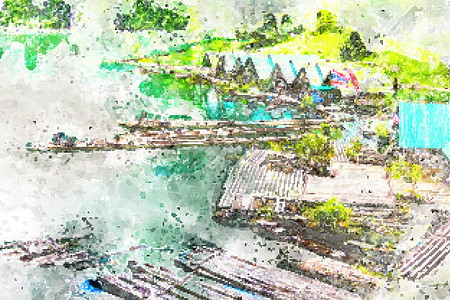 水彩艺术水坝竹筏漂流图片