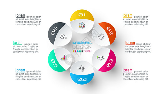 带有业务图标信息图表的六个圆圈创造力商业推介会横幅技术数据互联网插图流动标签图片