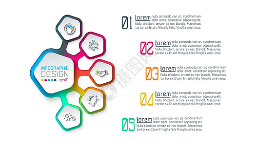 五边形标签信息图 5 个步骤报告插图营销流程商业圆圈工作成功推介会数据图片