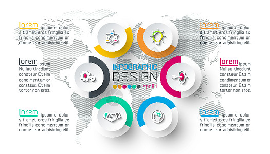 带有业务图标信息图表的六个圆圈推介会标签技术数据小册子创造力互联网战略建筑流程图片